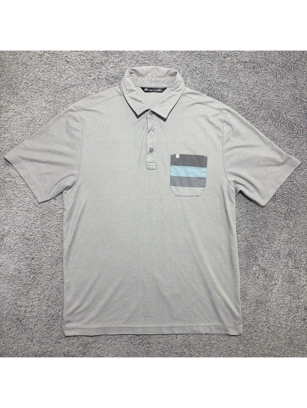 Travis Mathew Golf Polo Shirt Men’s Medium Grey With Blue Pocket Short Sleeve
